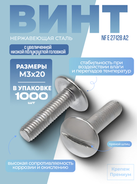Винт NF E 27-128 А2 M 3х20 в упак 1000 шт с увеличенной низкой полукруглой головкой, прямой шлиц