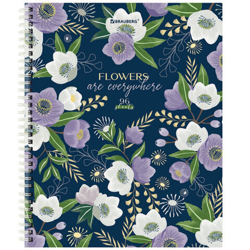 Тетрадь А5 96 л. BRAUBERG, гребень, клетка, твёрдая обложка, "Flowers", 404444, 4шт