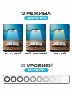 Лампа лупа с подсветкой настольная на прищепке для чтения, маникюра, рукоделия, пайки