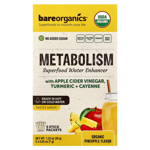 BareOrganics, Metabolism, Superfood Water Enhancer, органический ананас, 5 пакетиков в стиках, 7 г (0,25 унции)