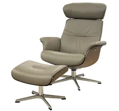 Кресло-реклайнер с оттоманкой Timeout, серо-бежевая кожа, орех