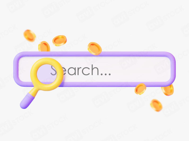 3D поисковая строка с лупой и золотыми монетами