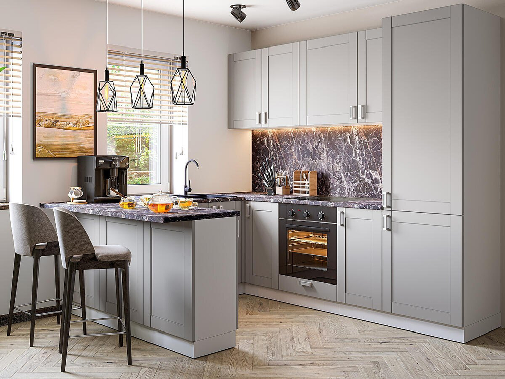 Угловая модульная кухня Лофт-06 Grey Silk - Белый 2140*1500/2300/2600*600