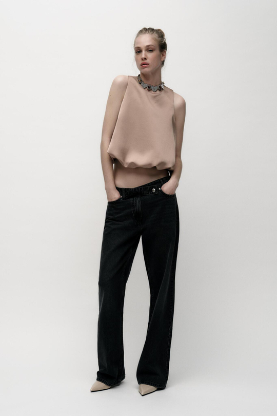 ZARA АТЛАСНЫЙ ТОП ОБЪЕМНОГО КРОЯ, СЕРО-КОРИЧНЕВЫЙ