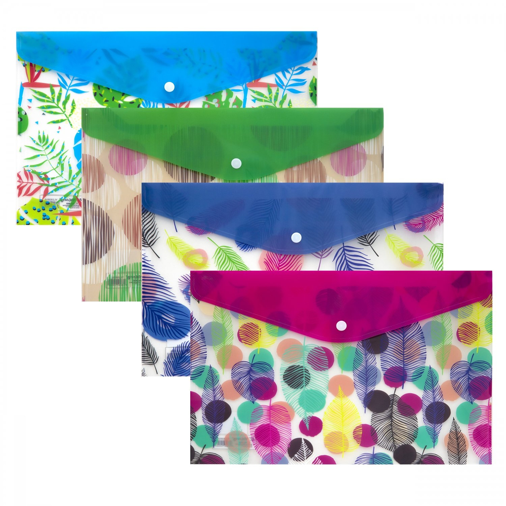 Папка-конверт на кнопке Yalong, A4, 260х360 мм, 160 мкм, ассорти, полупрозрачная с рисунком, "Яркий принт"