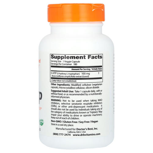 Doctor's Best, 5-HTP, 100 мг, 180 вегетарианских капсул