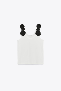 ZARA ТОП С ЦВЕТОЧНОЙ АППЛИКАЦИЕЙ, БЕЛЫЙ/ЧЕРНЫЙ