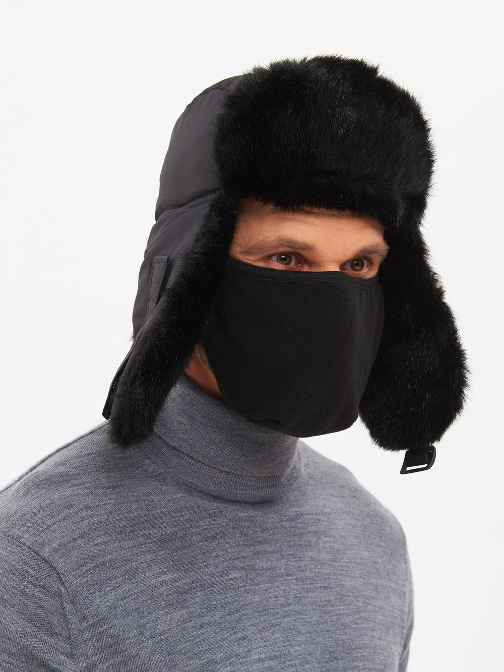Шапка ушанка с маской Евро Норка ткань Taslan цвет Чёрный