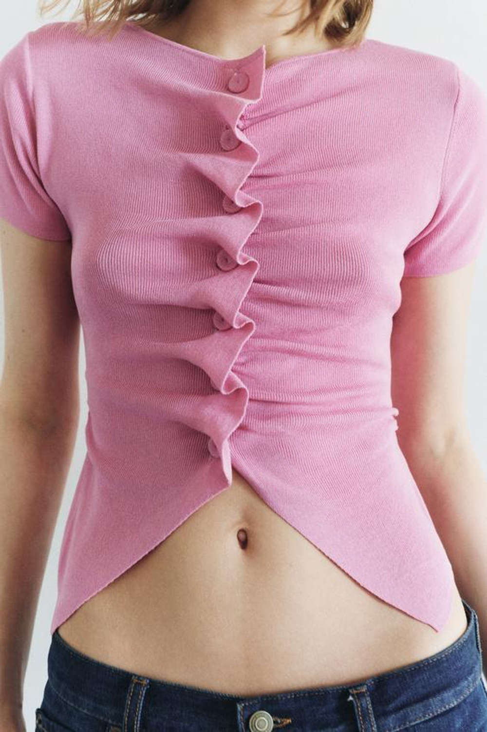 ZARA ТРИКОТАЖНЫЙ ТОП СО СБОРКАМИ, РОЗОВЫЙ