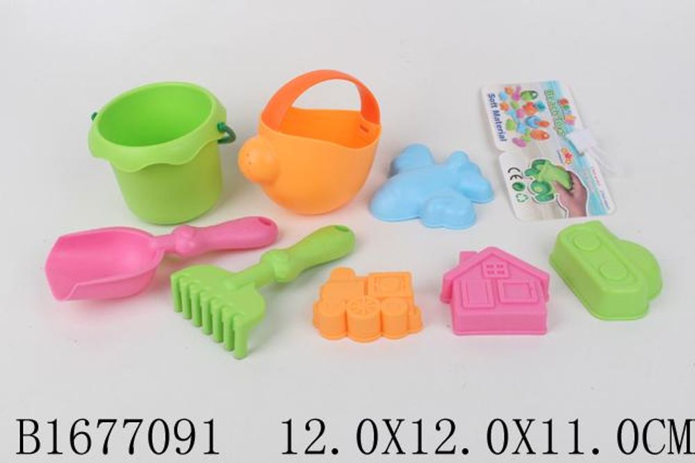 Набор для игры в песок 8 предметов: лейка, ведро, совок, грабли, 4 формочки, сетка 858-6