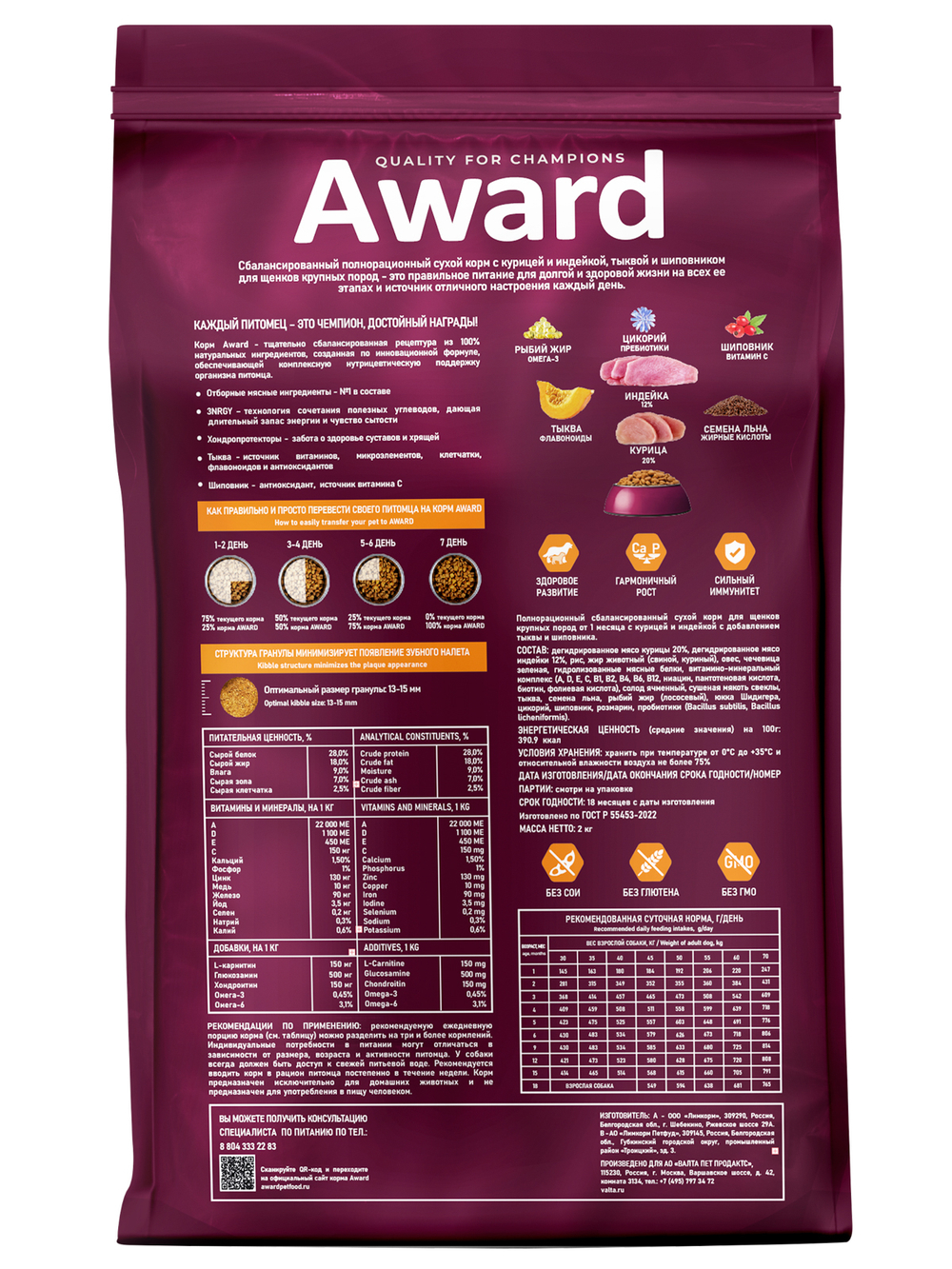 Сухой корм AWARD для щенков от 1 месяца крупных пород с курицей и индейкой с добавлением тыквы и шиповника