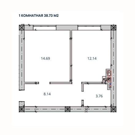 1-комн. квартира, 38,73 м²; 1/3 этаж
