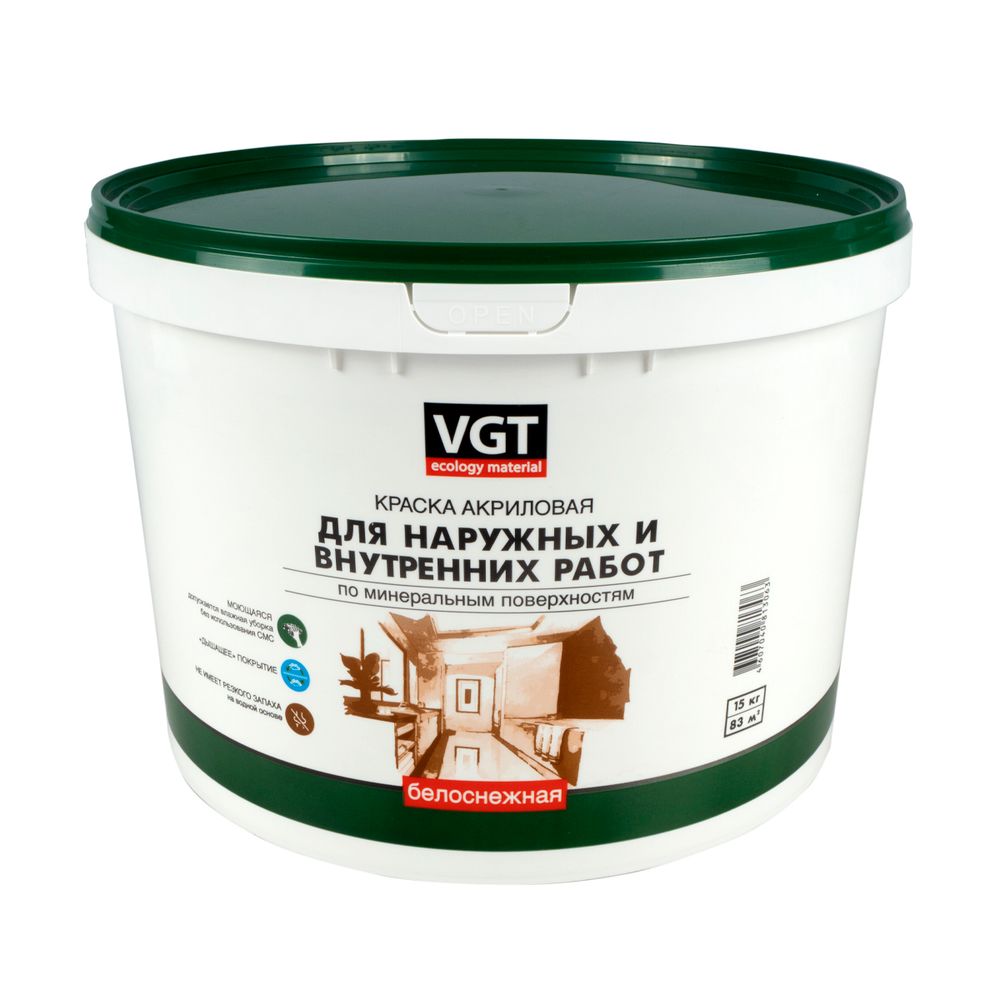 Краска моющаяся для наружных и внутренних работ VGT ВД-АК-1180, белоснежная, 15 кг, 13812