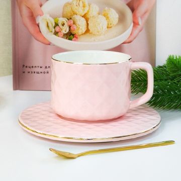 Чайная пара «Понита», чашка 250 мл, блюдце 15×0,7 см, ложка, цвет розовый