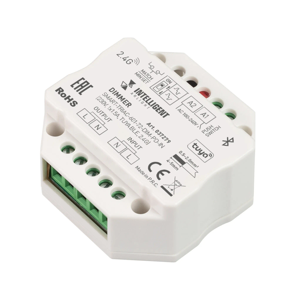 INTELLIGENT ARLIGHT Диммер SMART-TRIAC-601-72-DIM-PD-IN (230V, 1x1.5A, TUYA BLE, 2.4G) (IARL, IP20 Пластик, 5 лет) 037279
