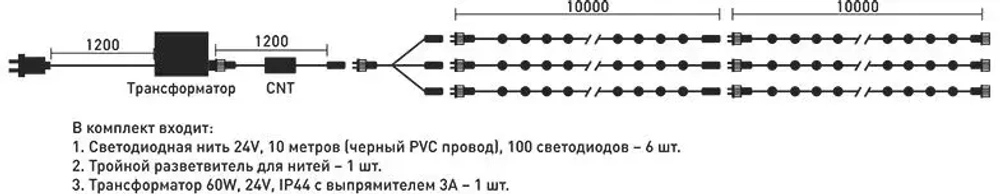 Комплект гирлянд на деревья 60 м., 3 луча по 20 м, 24V, 600 разноцветных LED ламп, черный ПВХ, LTC (KDD600-11-1M)