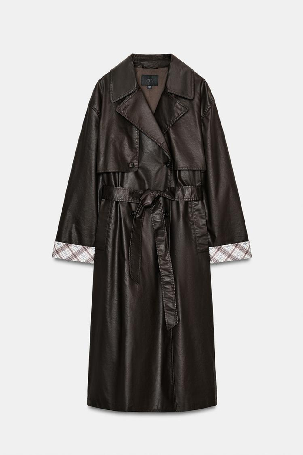 ZARA ДЛИННЫЙ ВОЩЕНЫЙ ТРЕНЧ В КЛЕТКУ, ТЕМНО-КОРИЧНЕВЫЙ