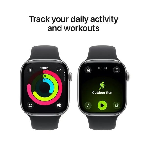 Умные часы Apple Watch Series 11 46 мм из алюминия цвета «чёрный глянец», нейлоновый браслет синего цвета