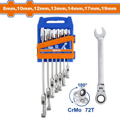 Набор шарнирных комбинированных ключей с храповиком 7 шт. WADFOW WSP5207