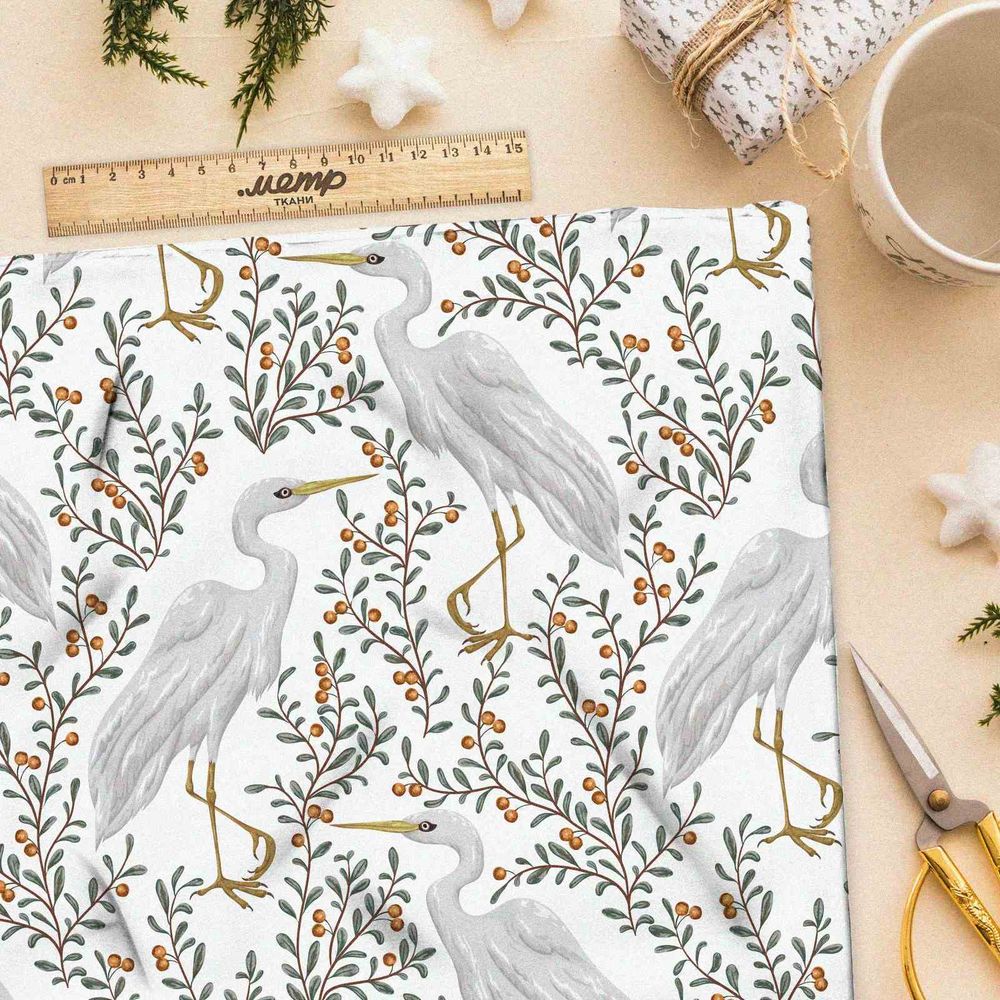 Ткань поплин журавли и ягоды
