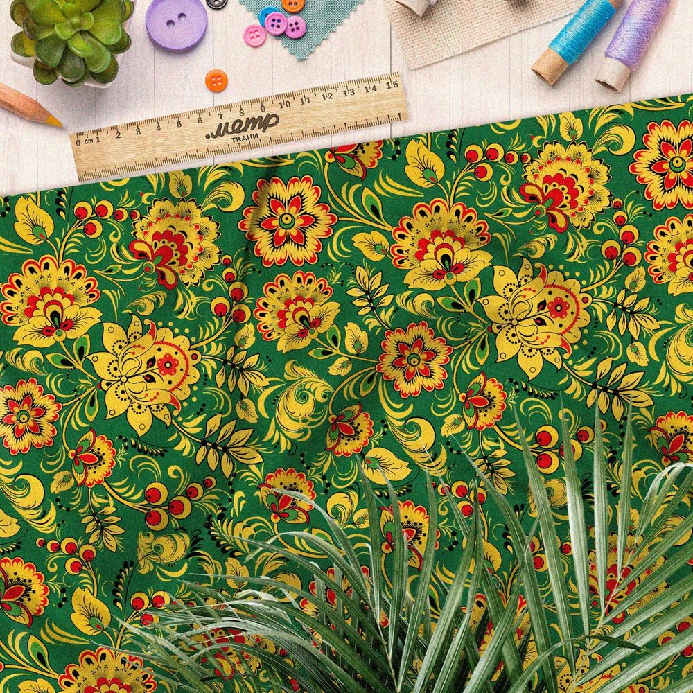 Ткань таффета хохлома на зелёном