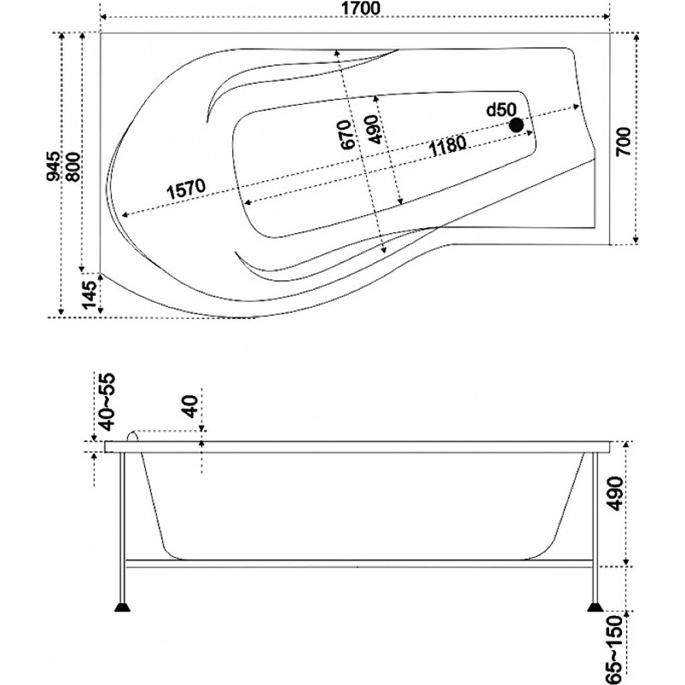 Акриловая ванна Bas (Бас) Капри 170х95 R, с каркасом