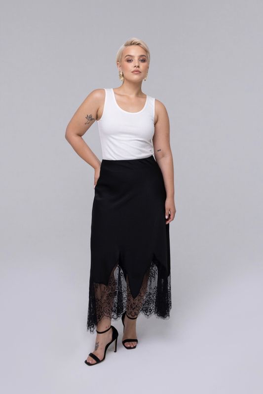 Юбка из атласа с кружевом, черный