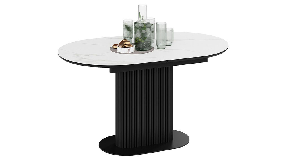 Стол кухонный обеденный раздвижной Черный муар/Керамика матовая белый мрамор 140(180)х85х76 см