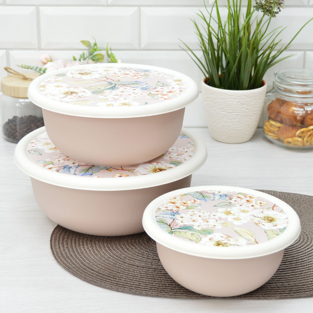 Комплект мисок 3шт (1,2л; 2,1л; 3,2л) "Modena" с крышками с декором (бежевый)