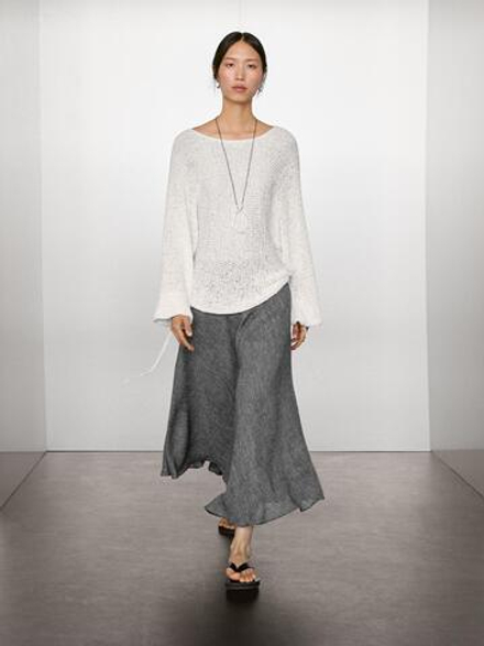 Massimo Dutti Юбка миди из смесовой льняной ткани с воланом, серый