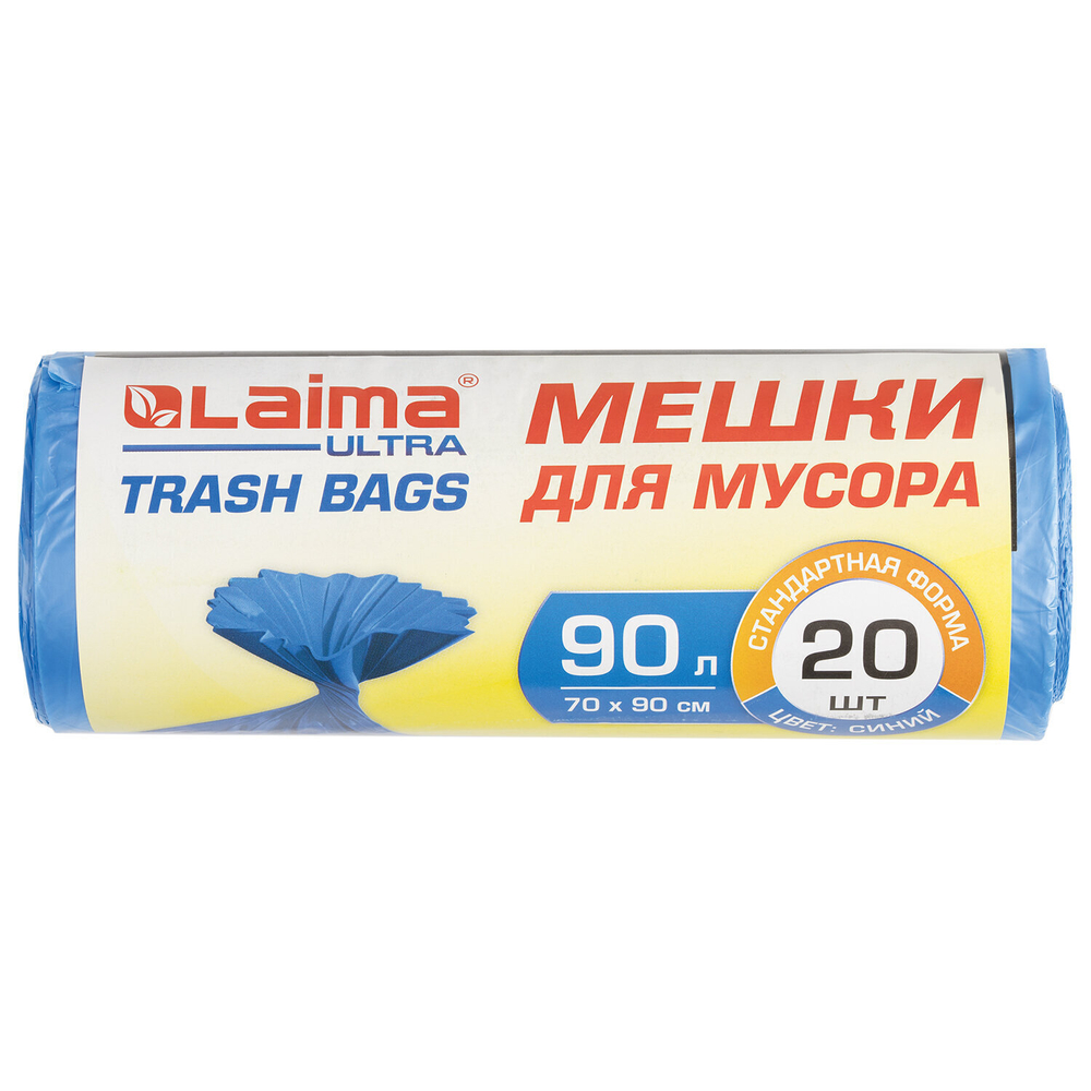Мешки для мусора LAIMA "ULTRA" 90 л синие рулон 20 шт. прочные ПНД 14 мкм 70х90 см (5 штук в упаковке)