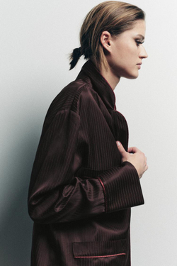 ZARA РУБАШКА В ПИЖАМНОМ СТИЛЕ В ПОЛОСКУ С КОНТРАСТНЫМИ ДЕТАЛЯМИ, КОРИЧНЕВЫЙ