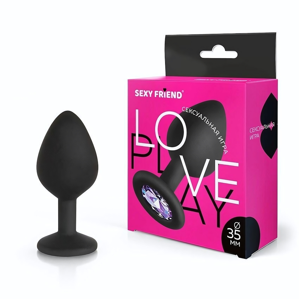 Черная силиконовая анальная втулка с сиреневым кристаллом - 8 см. (Цвет: сиреневый)