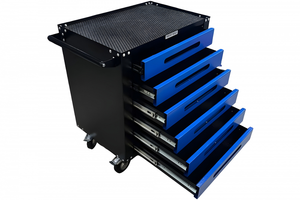 Инструментальная тележка GWT-B6S (6 ящиков, ЦЗ, увеличенные колеса с тормозом, доводчики, синяя)