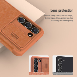 Кожаный чехол книжка коричневого цвета от Nillkin для Samsung Galaxy S23+ Плюс, серия Qin Pro Leather с защитной шторкой для камеры
