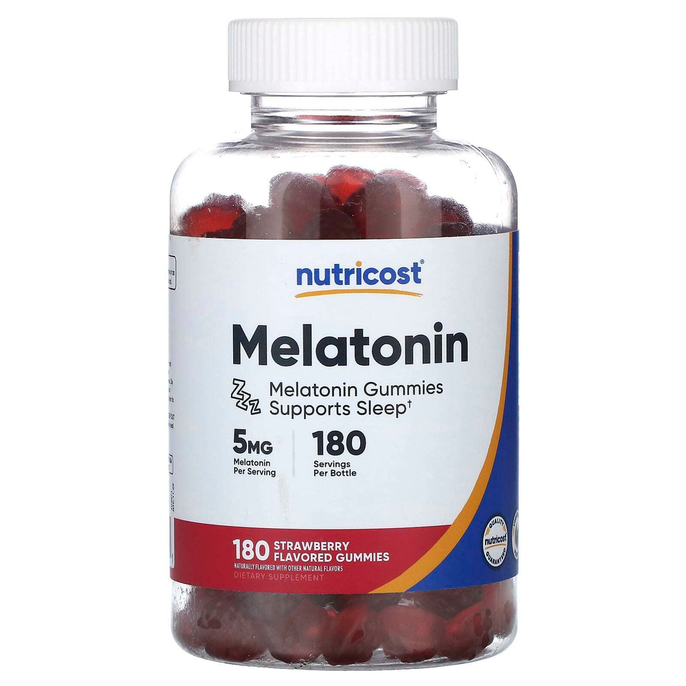Nutricost, жевательные таблетки с мелатонином, со вкусом клубники, 5 мг, 180 жевательных таблеток