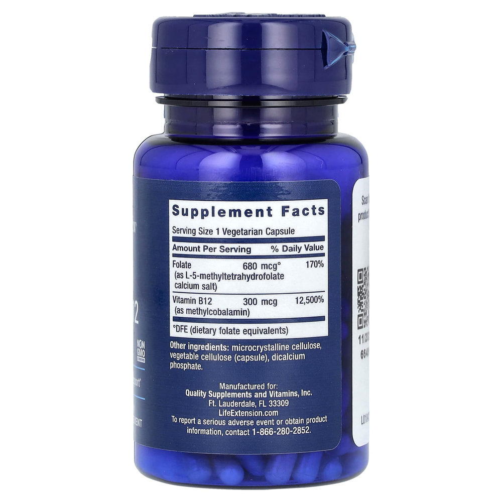 Life Extension, биоактивные фолат и витамин B12, 90 вегетарианских капсул