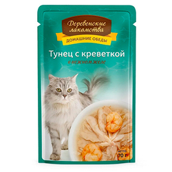Деревенские Лакомства Пауч для кошек Тунец с Креветкой в желе, 70гр
