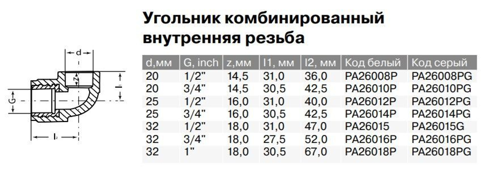 Угольник PPR комбинированный Ду20-32, внутренняя резьба, серый, Pro Aqua