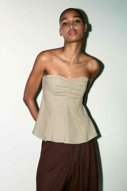 ZARA ТОП ИЗ СМЕСОВОГО ЛЬНА БЕЗ БРЕТЕЛЕЙ, ТЕМНО-СОЛОМЕННЫЙ
