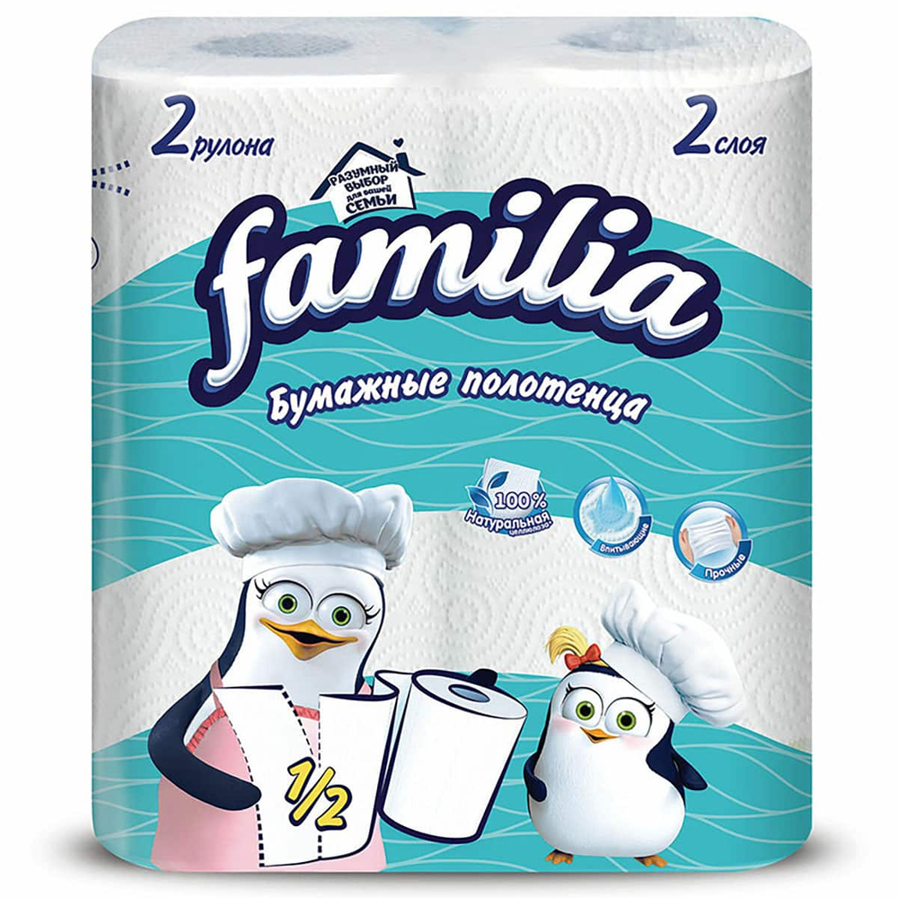 Полотенца бумажные в рулоне Familia 2-х слойные 12.5 м белые 2 шт. 1/14