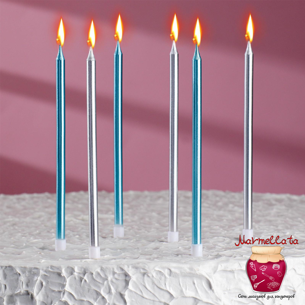 Свечи в торт "РОЙС", серебристный и голубые, 14 см, 6 шт.