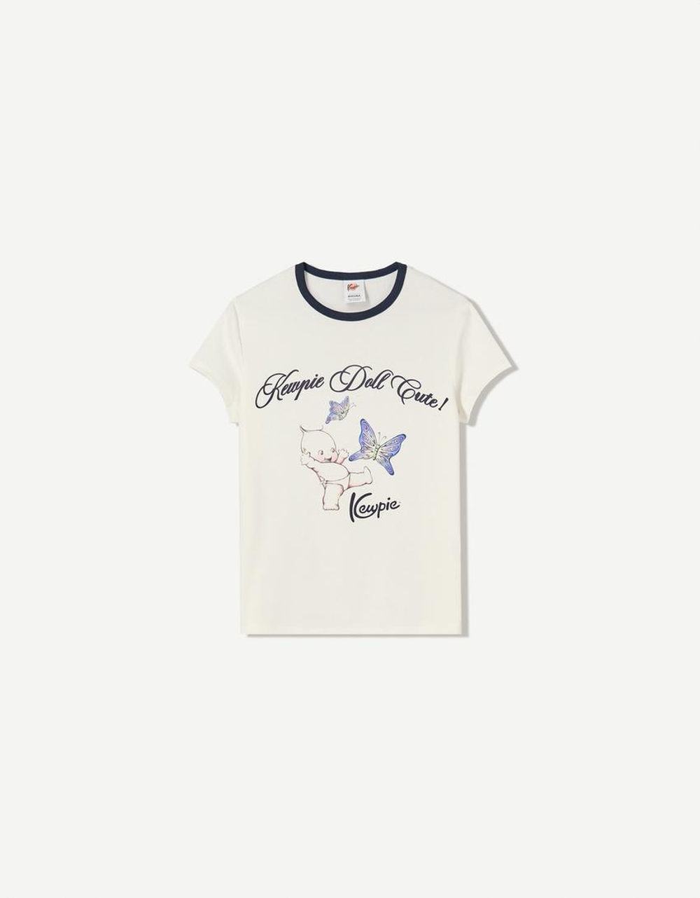 BERSHKA Футболка с короткими рукавами и принтом Kewpie, белый