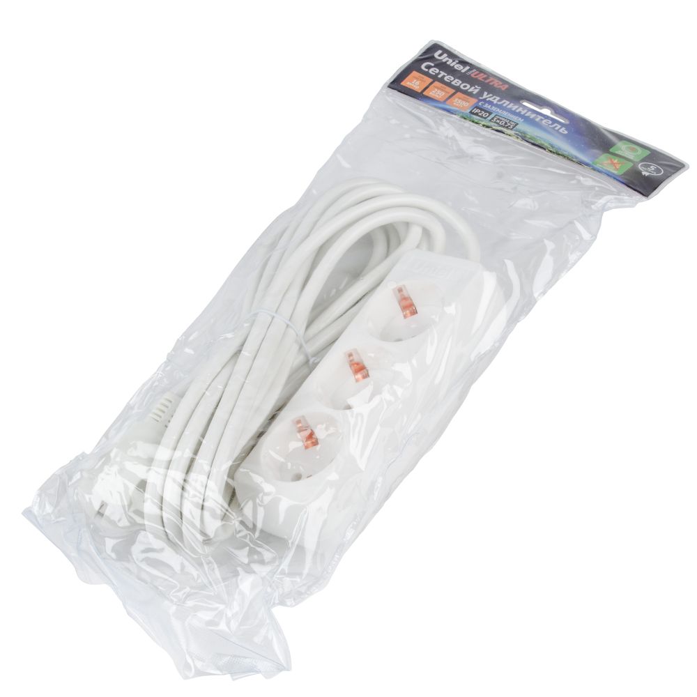 S-GCU3-5 WHITE Удлинитель серии Ultra. шнур 5м.. 3 гнезда. 16A. с-з. Белый. TM Uniel