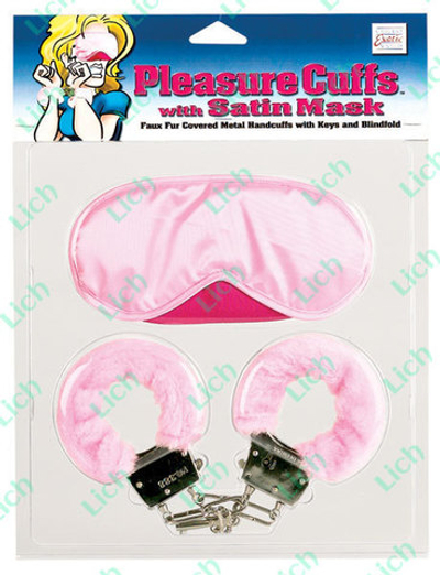 Комплект - розовая маска на глаза, наручники обшитые, 2 ключа.