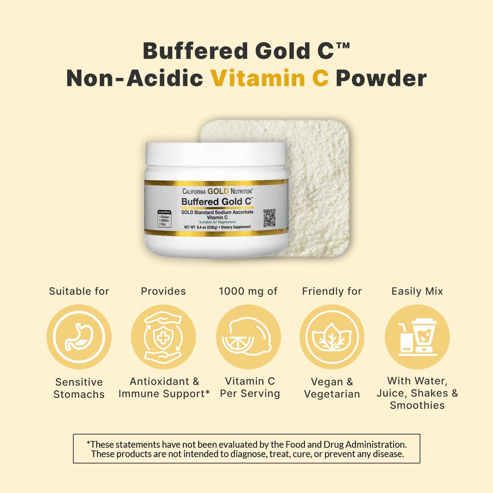California Gold Nutrition, Buffered Gold C, некислый витамин C в порошке, аскорбат натрия, 238 г (8,40 унции)