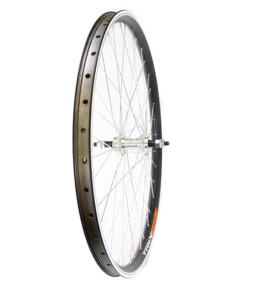 Колесо заднее 20" TRIX, профиль алюминиевый, двойной, 36H, фрезерованный, индикатор износа, 406х19,6/22,8х20,2мм, A/V, анодированный, черный, втулка стальная, V-br, под трещотку, гайки, серебристая, спица серебристая