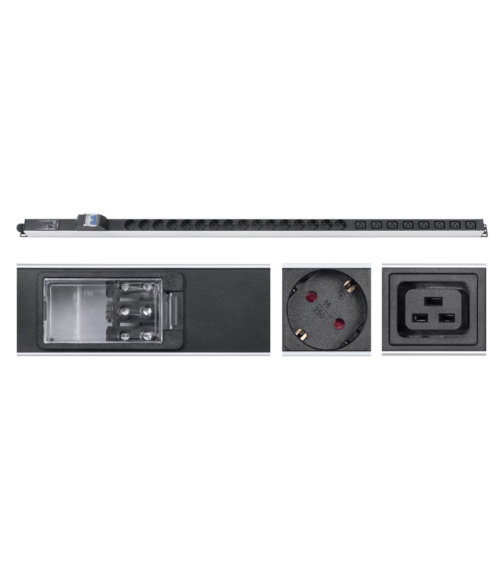 Cabeus PDU-32-16S-8C19-B-T Блок розеток для 19" шкафов, вертикальный, 16 розеток Schuko, 8 розеток IEC 320 C19, 32А, автомат защиты, алюминиевый корпус, клеммная колодка