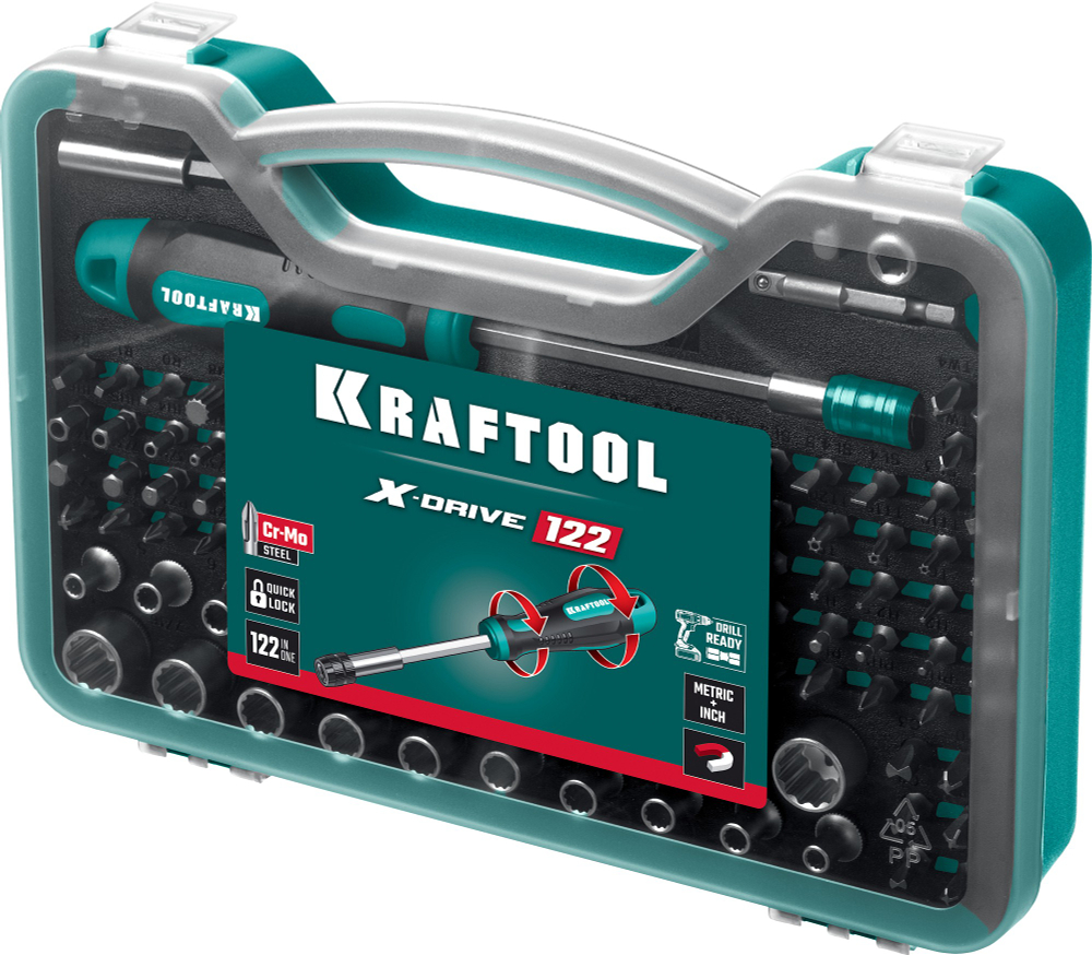 KRAFTOOL X-Drive-122, 122 шт, набор: отвертка-битодержатель с насадками (26816)