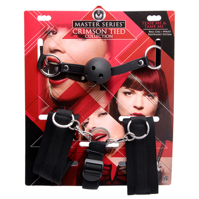 БДСМ-набор из кляпа с шариком и манжет-наручников (Цвет: черный)